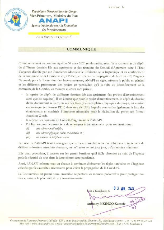 Communiqué ANAPI | CCI FRANCE CONGO